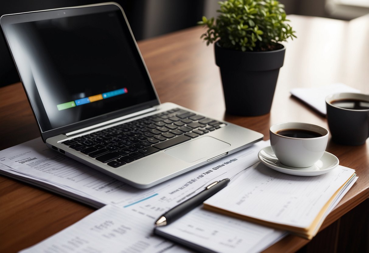 A desk with a laptop, calculator, and notepad. A stack of financial books and charts. A cup of coffee and a plant in the background