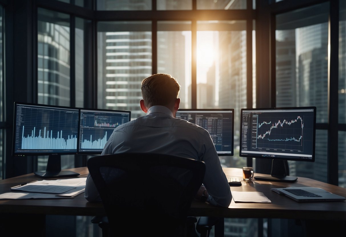 A person sits at a desk with a laptop and financial documents, surrounded by charts and graphs. They are deep in thought, contemplating their investment strategy