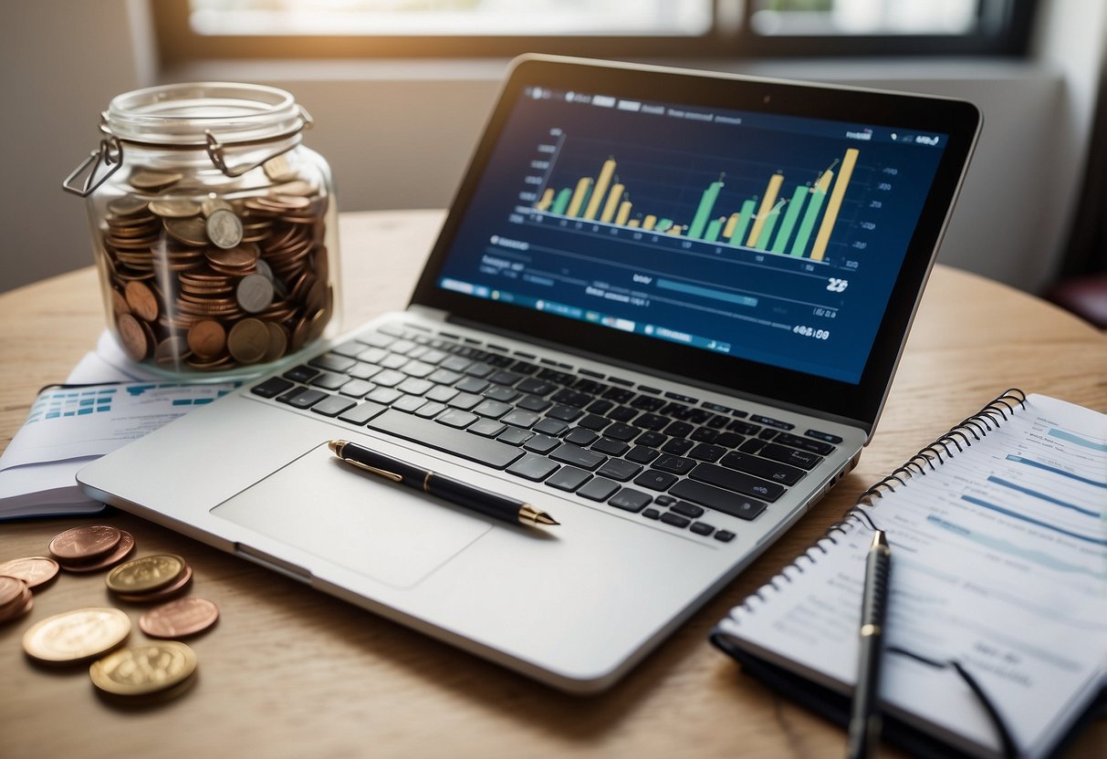 A desk with a laptop, calculator, and notepad. Graphs and charts showing income and expenses. A piggy bank and jar of coins on the side