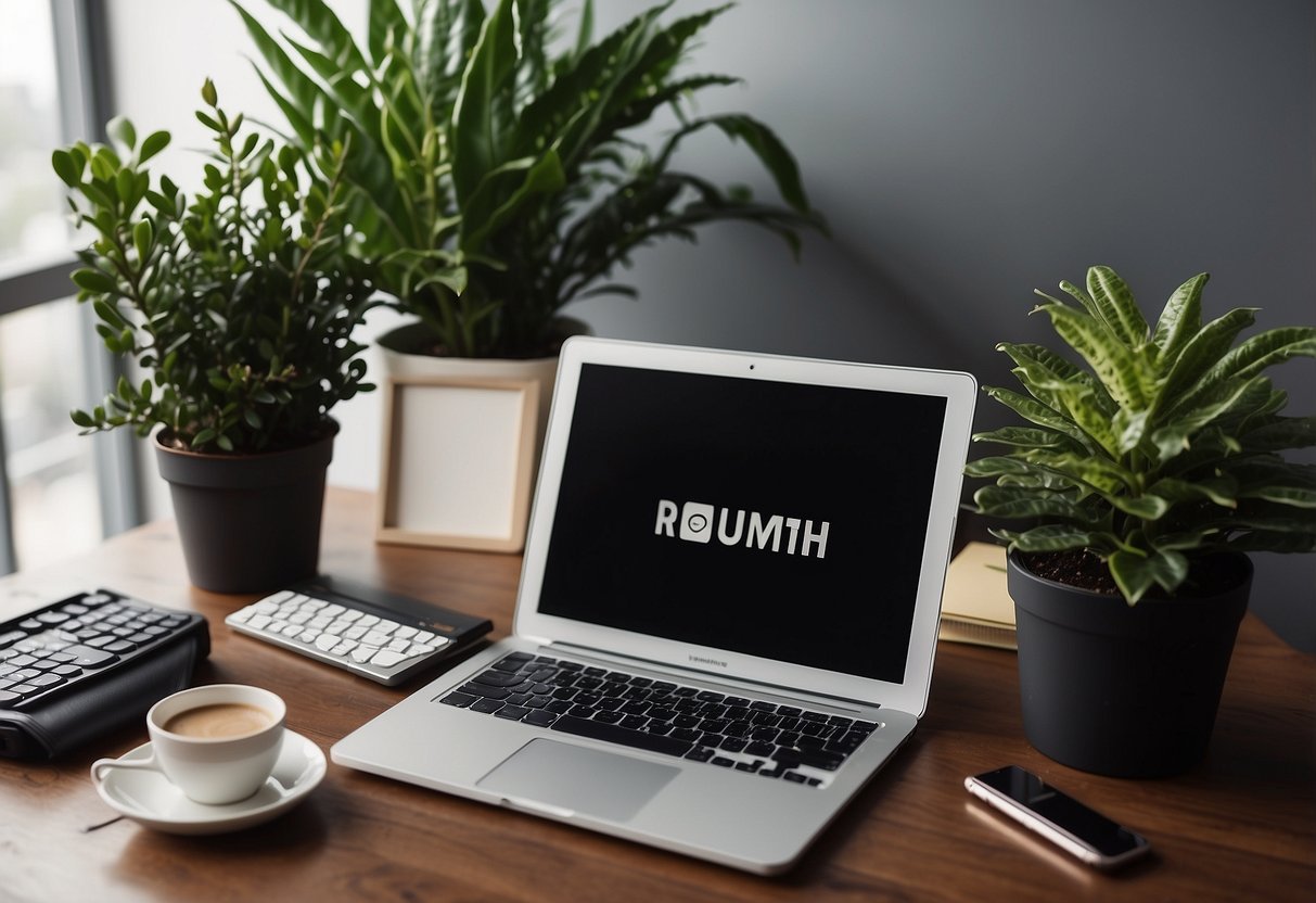 A desk with a laptop, calculator, and budgeting book. A cup of coffee and a plant sit nearby. A calendar and pen are on the wall