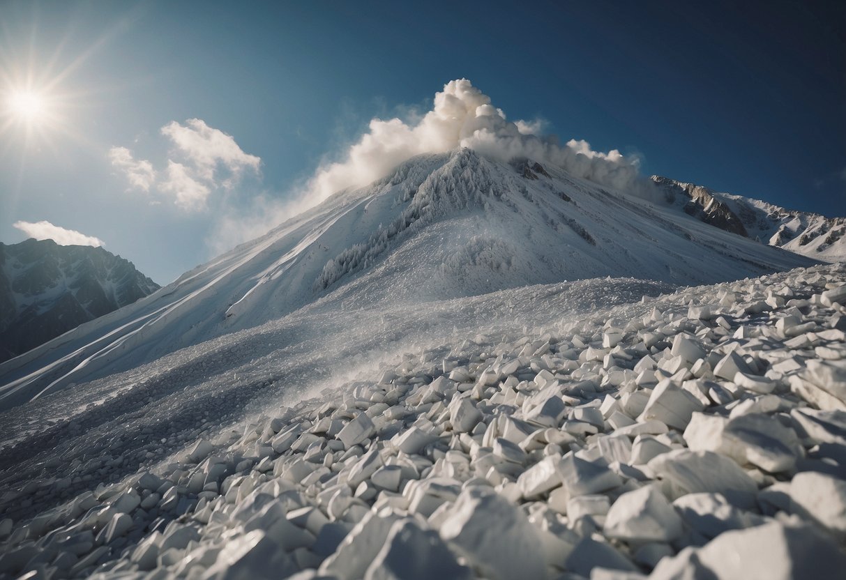 A mountain of debt looms high, with a powerful avalanche crashing down, symbolizing the top 5 strategies for paying off debt faster