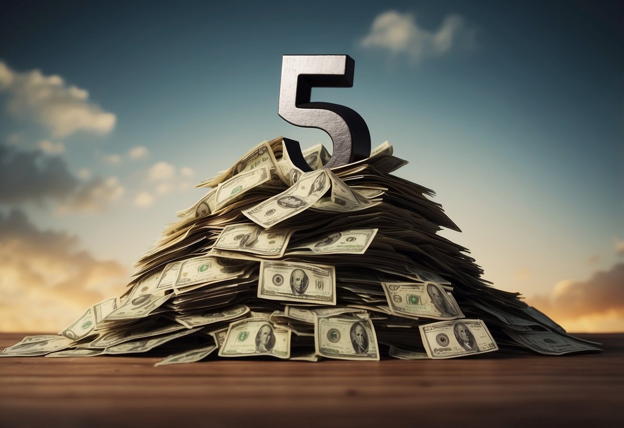 A stack of bills being crushed by a giant "5" symbol, symbolizing the top 5 strategies for paying off debt faster