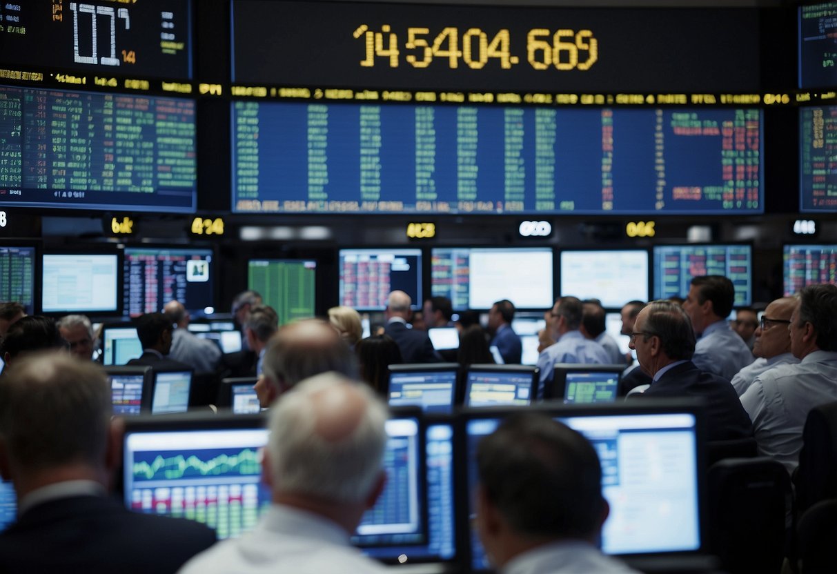 A bustling stock exchange floor with traders gesturing and shouting, electronic tickers displaying fluctuating stock prices, and a large board showing the latest market indices