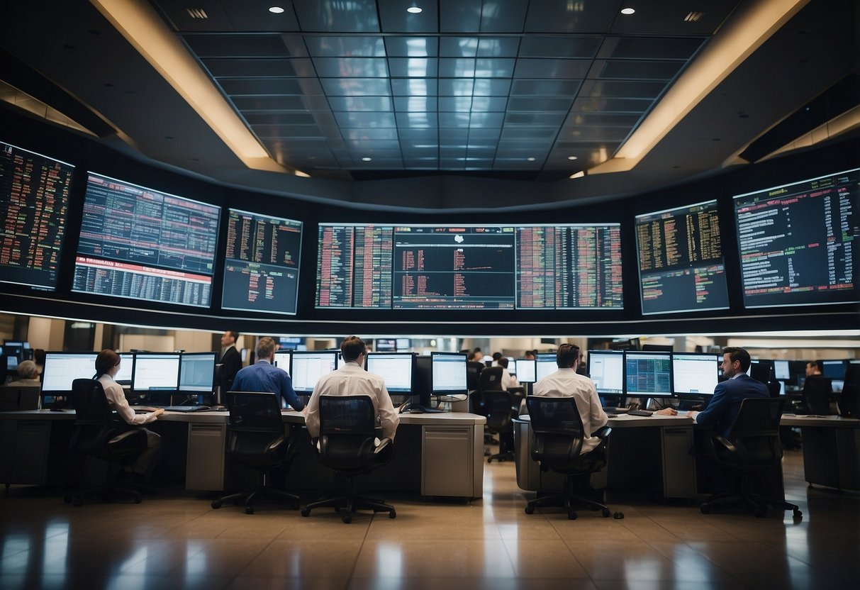 A bustling stock exchange floor with traders analyzing charts and graphs, surrounded by electronic tickers displaying fluctuating stock prices