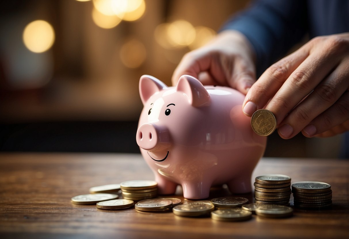 A piggy bank sits on a table, surrounded by coins and bills. A hand reaches out to drop a coin into the bank, symbolizing saving for emergencies