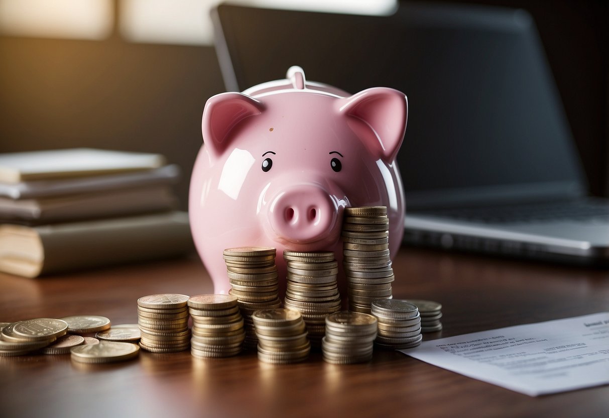 A piggy bank sits on a desk, overflowing with coins and bills. A graph on the wall shows a steady increase in savings. A stack of financial books sits nearby