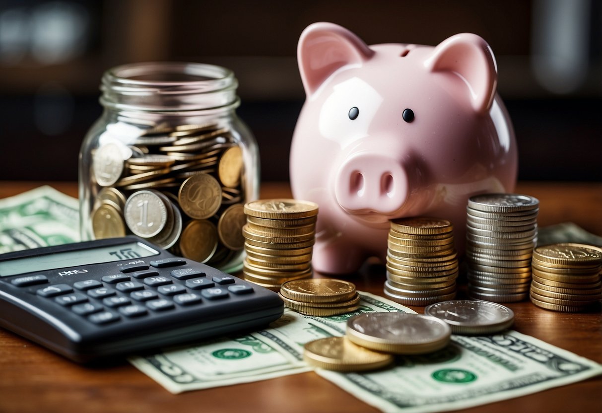 A stack of coins and dollar bills surrounded by piggy banks, a calculator, and a chart showing increasing savings