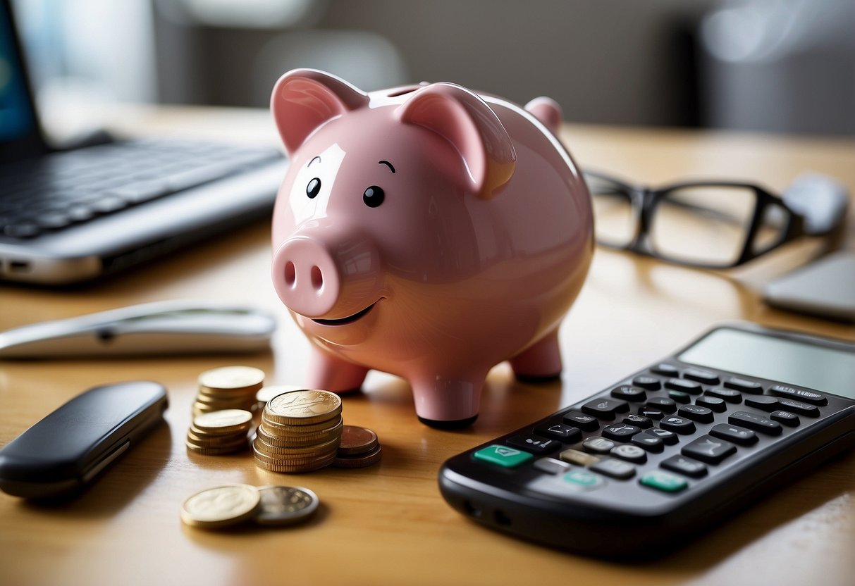 A piggy bank sits on a desk, surrounded by various automated savings tools such as a smartphone app, a computer, and a calculator. The piggy bank is overflowing with coins and bills, symbolizing successful savings