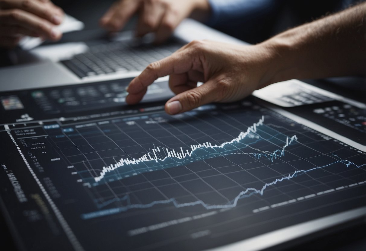 A bustling real estate market with charts, graphs, and property listings. Investors analyzing data and discussing potential investments