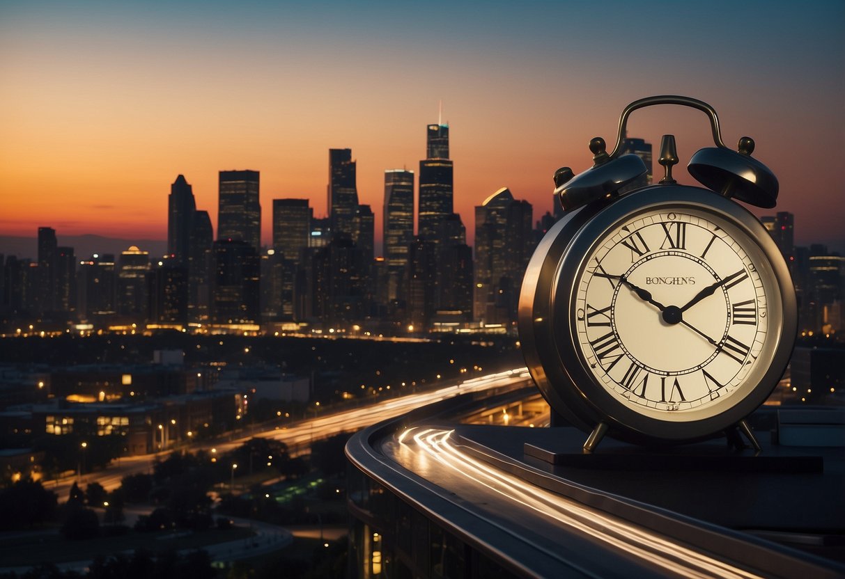 A bustling city skyline at dusk, with various properties illuminated and a clock showing the time, symbolizing the importance of location and timing in real estate investment