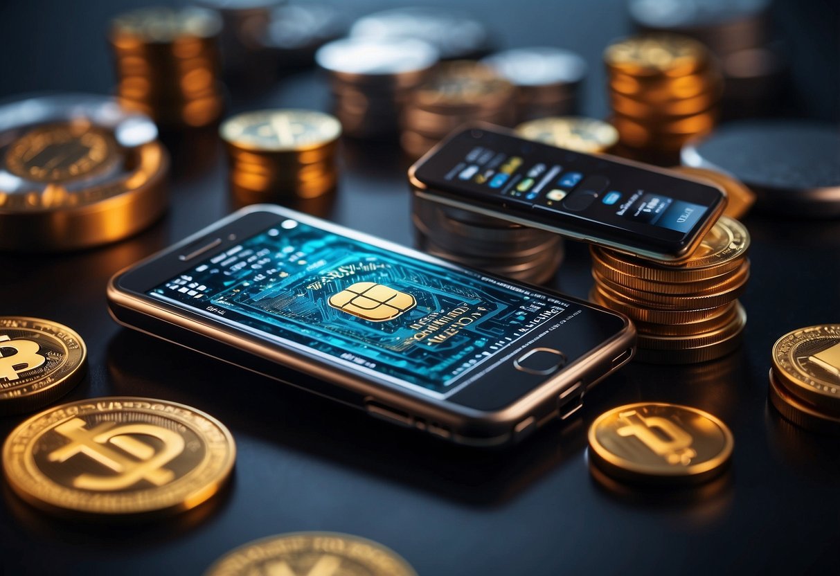 A digital wallet surrounded by various cryptocurrency symbols, with a key and lock to symbolize security