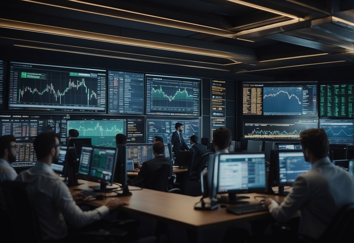 A bustling cryptocurrency exchange with traders and digital assets changing hands, charts and graphs displayed on screens, and a sense of excitement and anticipation in the air