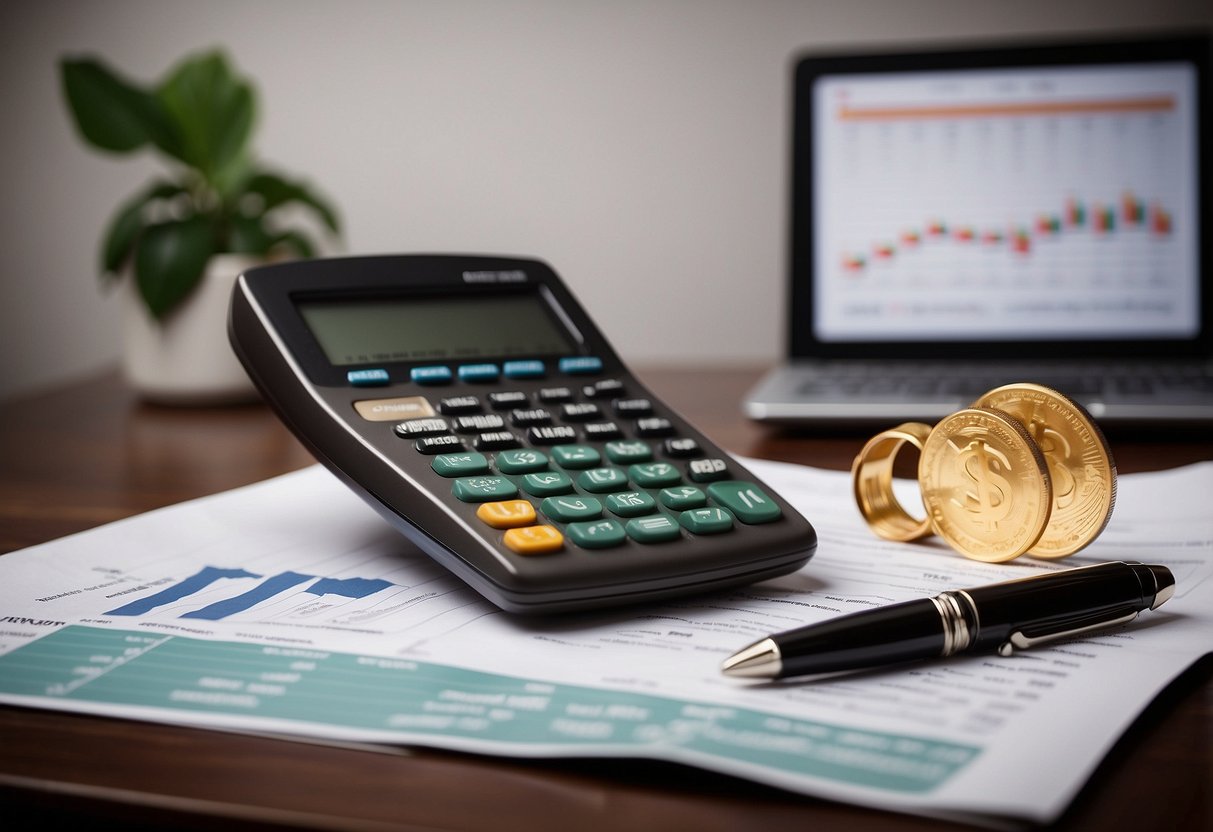 A table with financial documents, a calculator, and a pen. A retirement savings graph on the wall