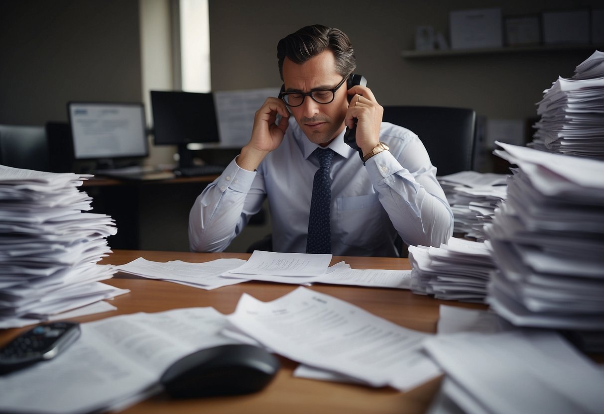 A person sitting at a desk, surrounded by piles of bills and documents, while on the phone with a creditor. The person looks stressed but determined to find a solution