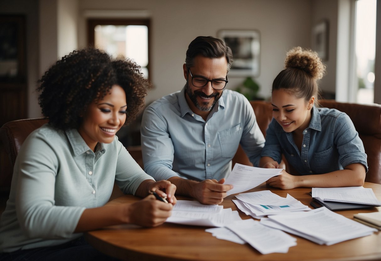 A family budgeting together at a table, with bills and financial documents spread out. They are discussing and making smart financial decisions during a crisis