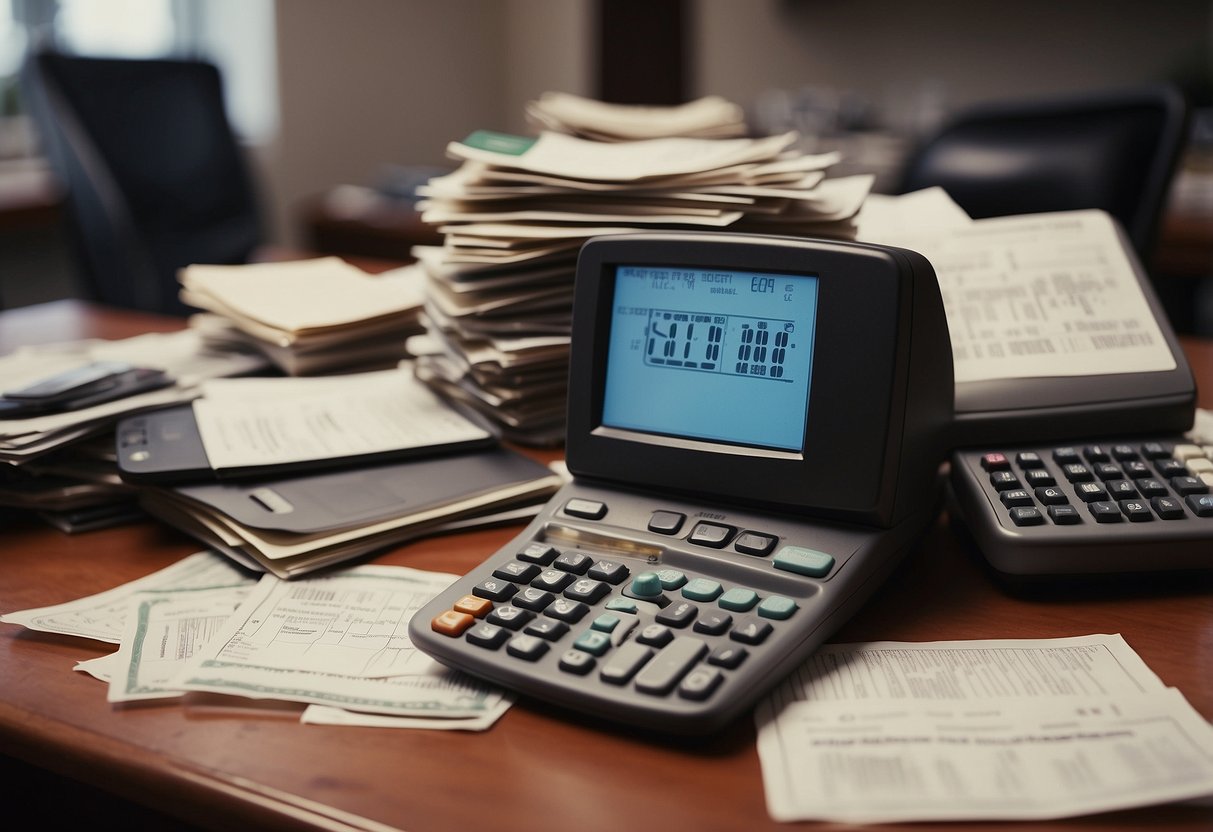 A pile of unpaid bills and a calculator on a cluttered desk, with a worried expression on a computer screen