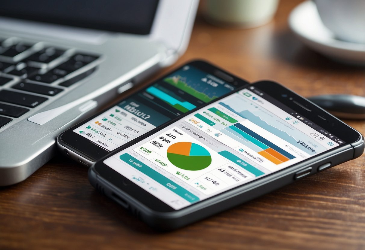 A smartphone displaying YNAB app, surrounded by other finance management apps. Graphs and charts show budgeting and expenses