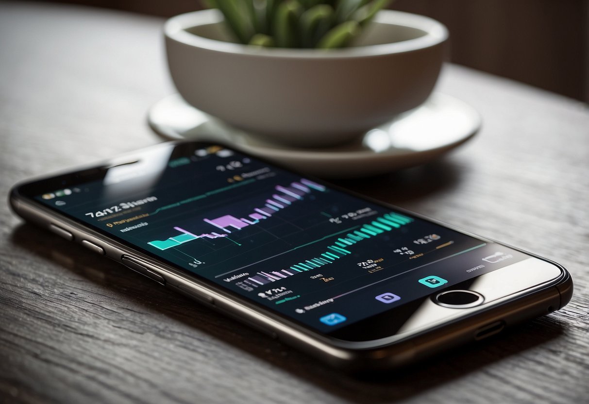 A smartphone with the PocketGuard app open, showing spending analysis and financial management tools. Graphs and charts display budgeting and transaction data