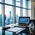 A sleek, modern office desk with a laptop, financial documents, and a calculator. The desk is surrounded by luxurious office decor and large windows with a view of the city skyline