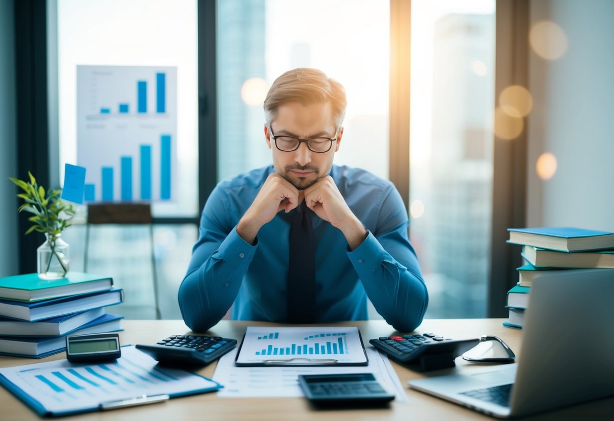 A desk with spreadsheets, charts, and calculators, surrounded by financial books and a laptop. A person is deep in thought, surrounded by financial planning tools