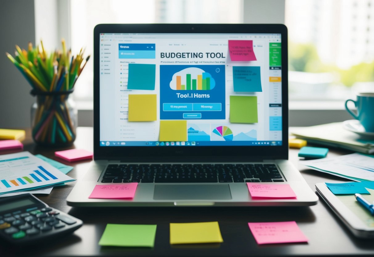 A cluttered desk with a laptop open to a budgeting tool website, surrounded by colorful sticky notes and various financial documents