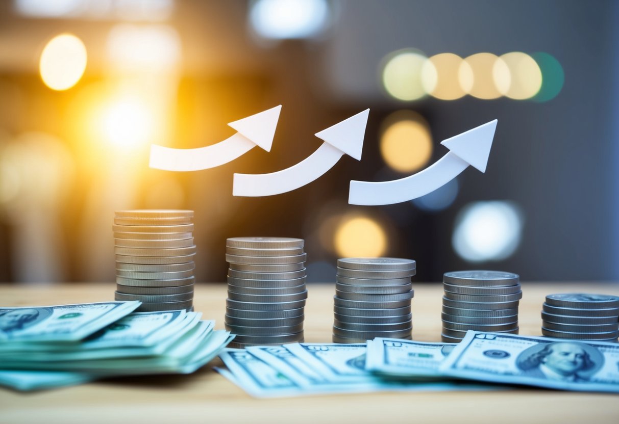 A stack of coins and bills organized into neat piles, with arrows pointing upwards, representing growth and financial security