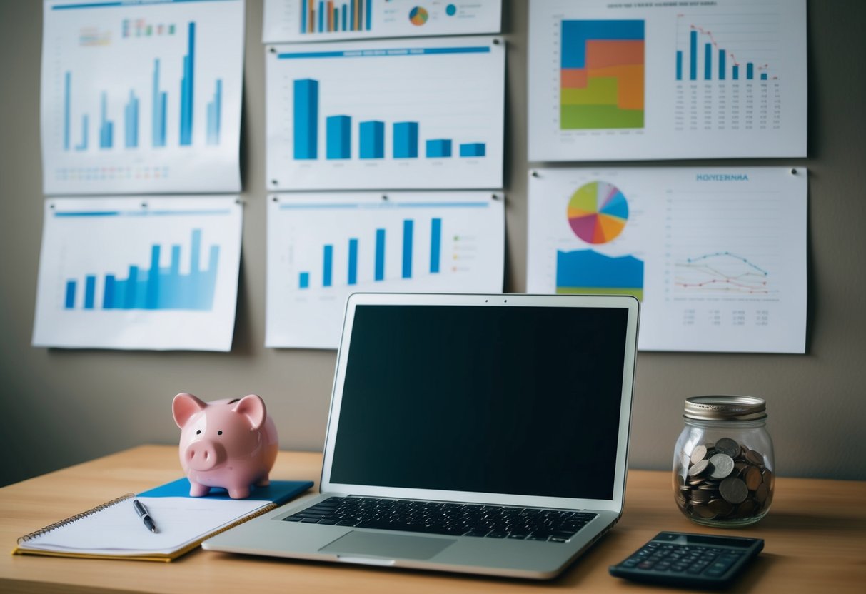 A desk with a laptop, calculator, and notepad. Charts and graphs on the wall. A piggy bank and jar of coins