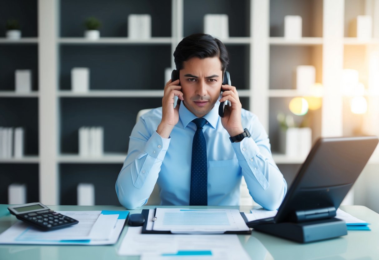 A person sitting at a desk, speaking on the phone with a serious expression while surrounded by paperwork and a calculator