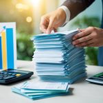 A person organizing stacks of bills into one neat pile, while a calculator sits nearby. A graph showing decreasing monthly payments is displayed in the background