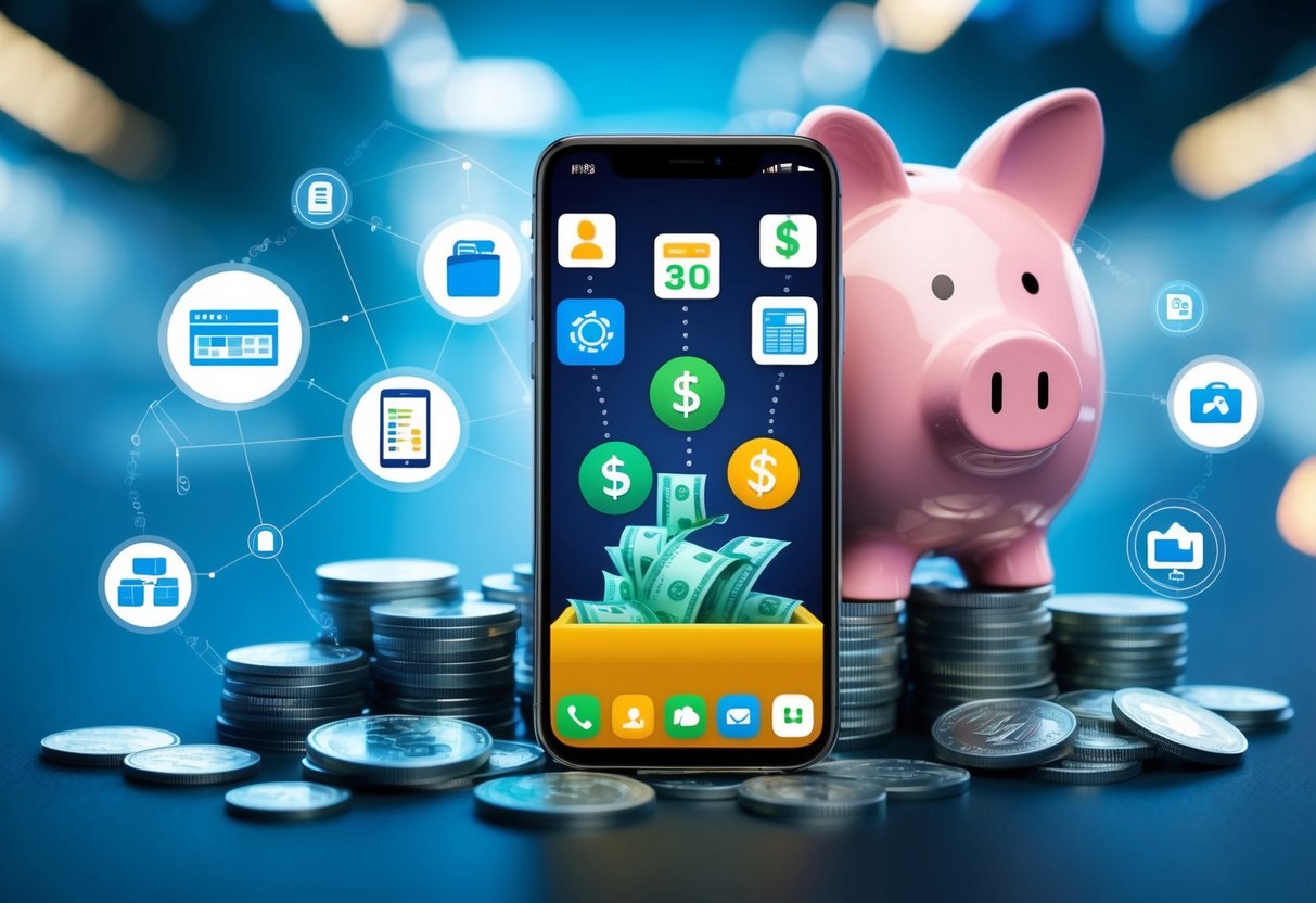 A smartphone displaying various budgeting apps and tools, with money icons flowing into a piggy bank, surrounded by futuristic tech elements