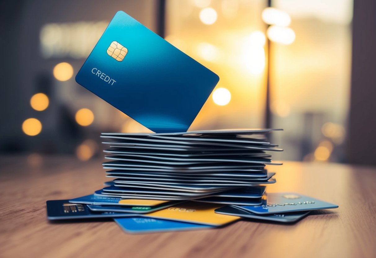 A stack of credit cards being crushed under the weight of a single, larger credit card, symbolizing consolidation and lower monthly payments