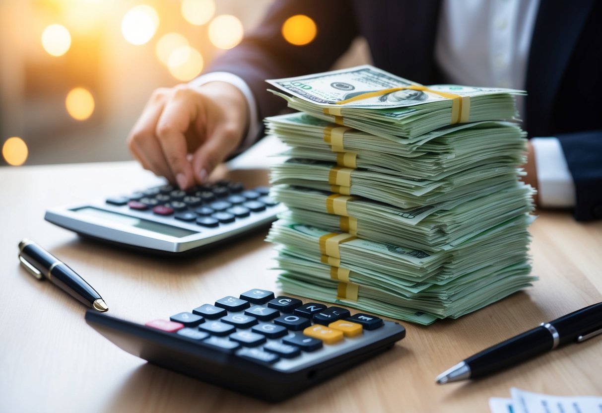 A pile of bills being stacked and organized, with a calculator and pen nearby