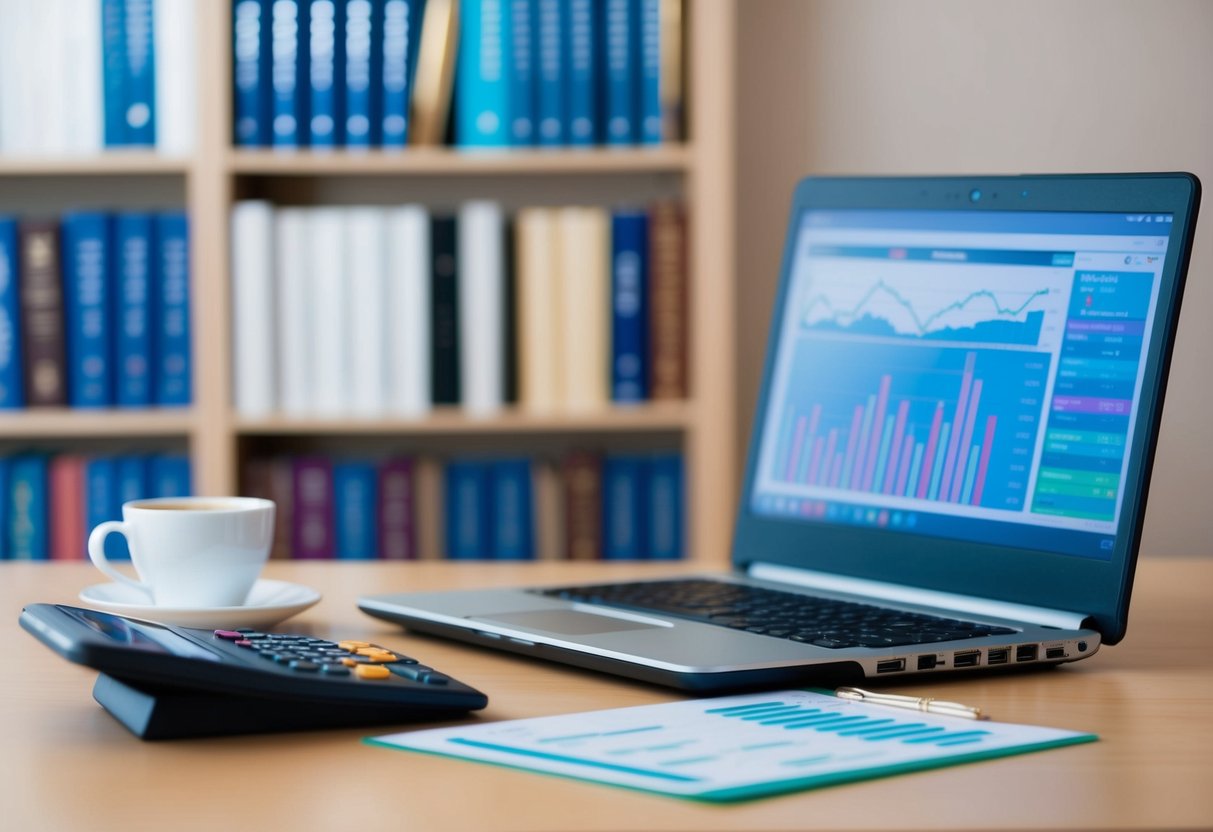 A desk with a laptop, calculator, investment charts, and a cup of coffee. A bookshelf filled with financial books in the background