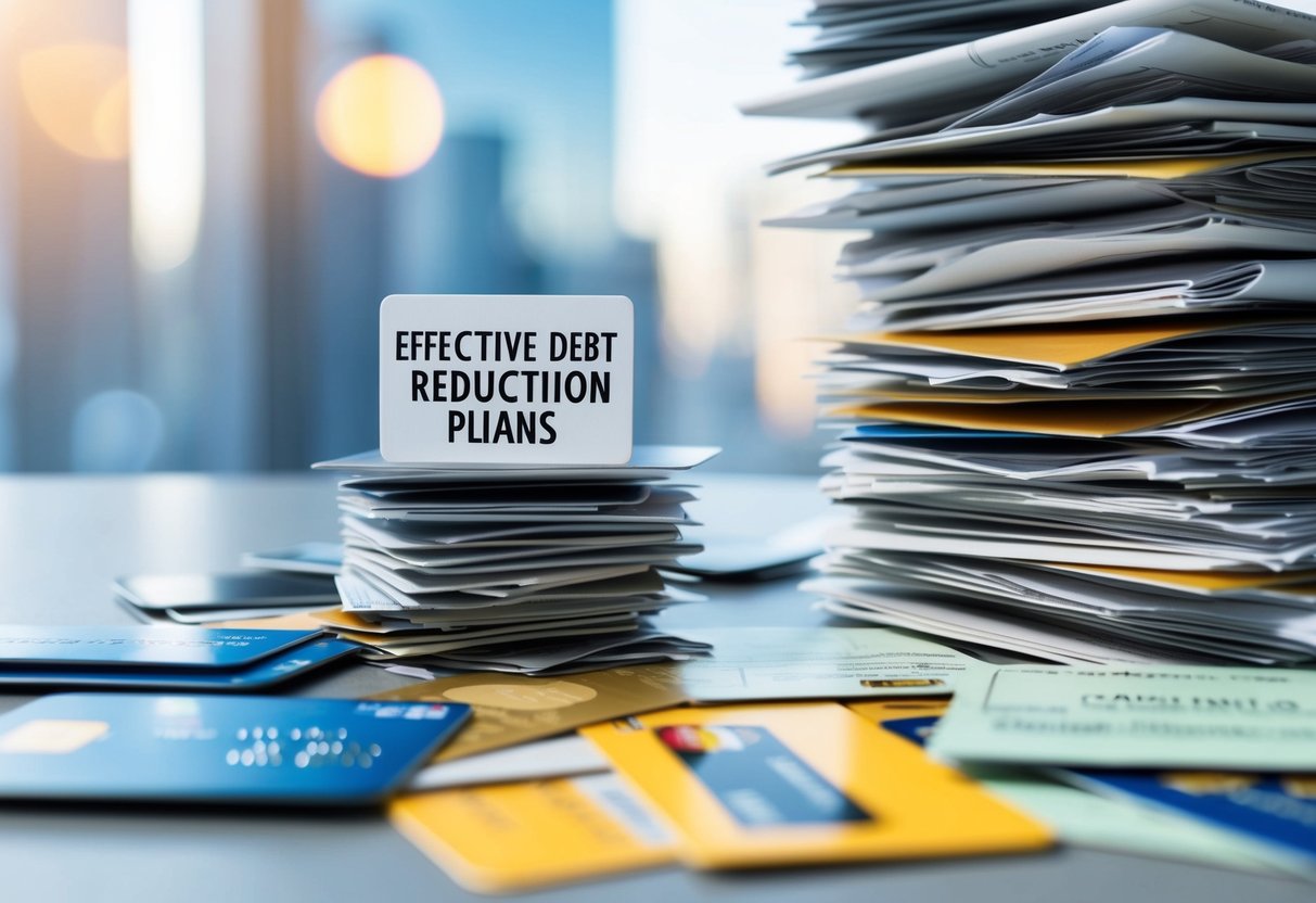 A mountain of bills and credit cards, with a clear path leading to a smaller pile labeled "effective debt reduction plans."