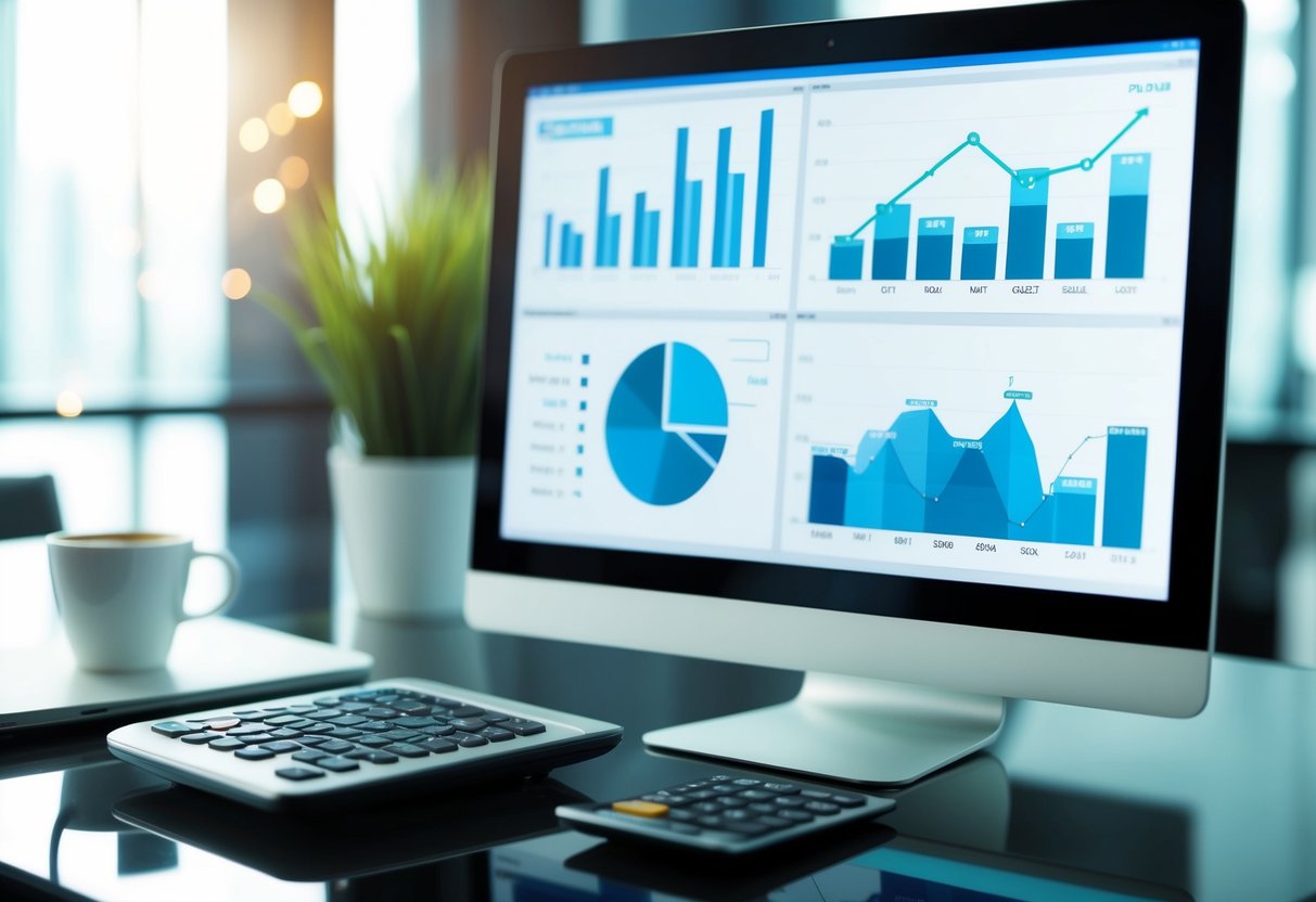 A sleek, modern desk with a laptop, calculator, and various financial charts and graphs displayed on a computer screen. A cup of coffee sits nearby