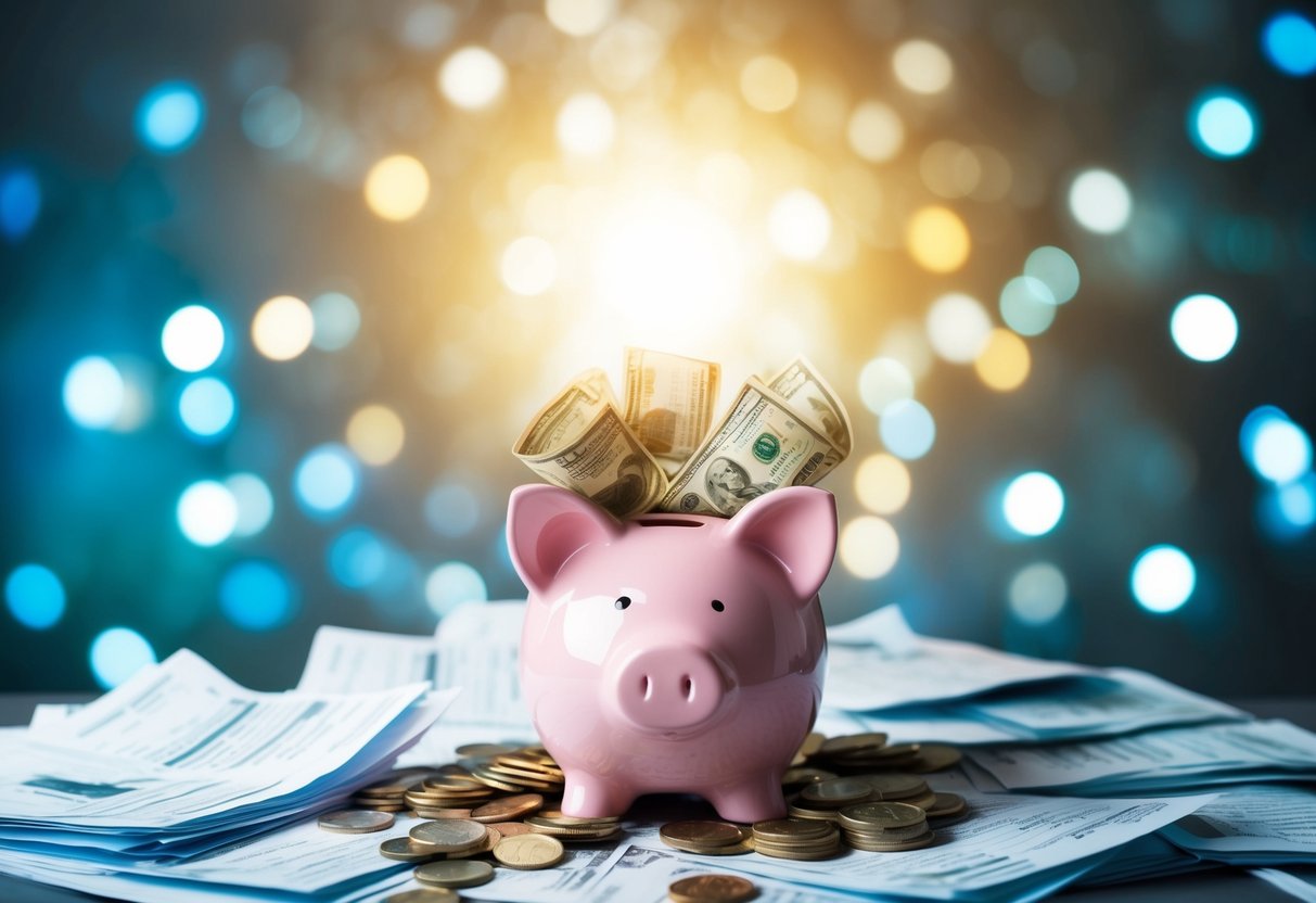 A piggy bank overflowing with coins and bills, surrounded by a maze of financial documents and a bright, shining light representing financial freedom