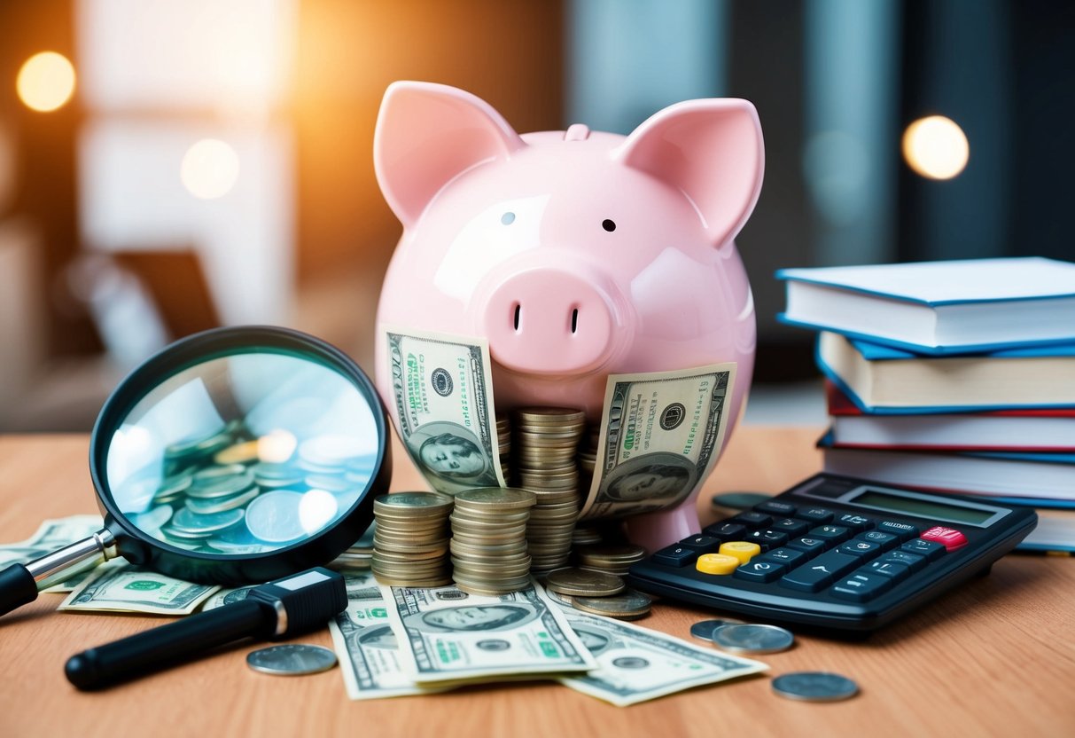 A piggy bank overflowing with coins and dollar bills, surrounded by a magnifying glass, calculator, and a stack of books on finance