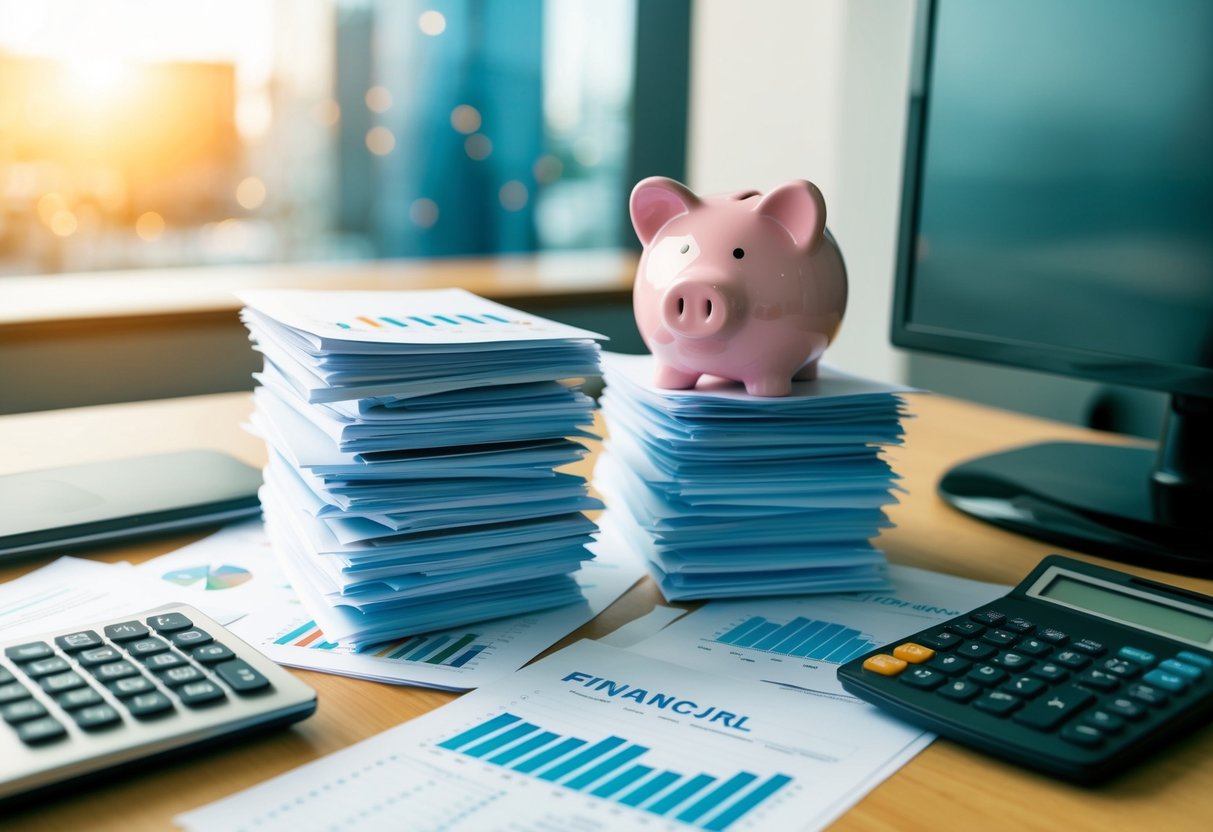 A stack of financial documents and charts surrounded by a calendar, calculator, and piggy bank on a desk