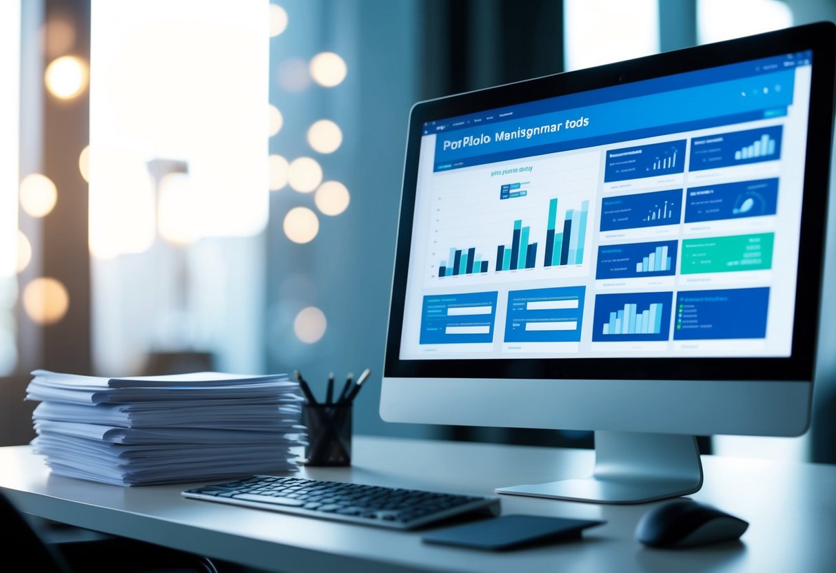 A sleek, modern desk with a computer screen displaying various investment platforms and portfolio management tools. A stack of financial reports sits neatly next to a keyboard and mouse