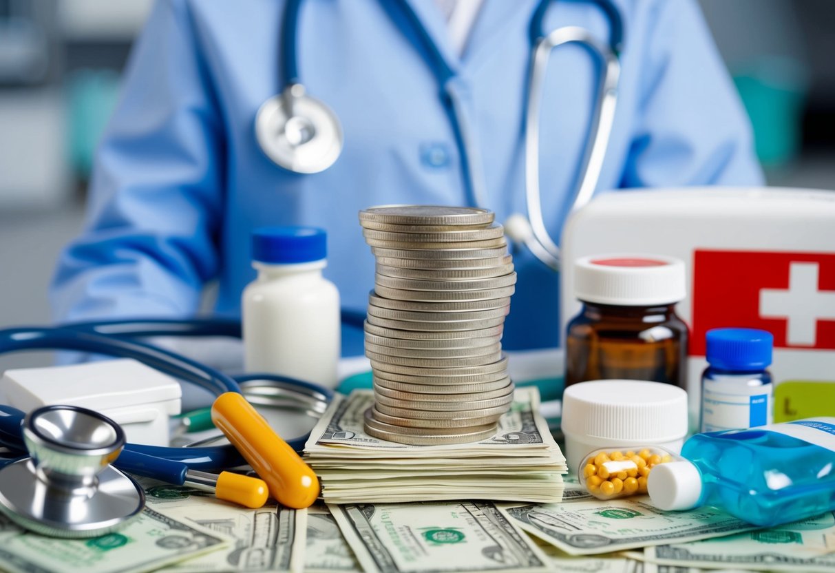 A stack of coins and dollar bills surrounded by a variety of medical and health-related items, such as a stethoscope, pill bottles, and a first aid kit