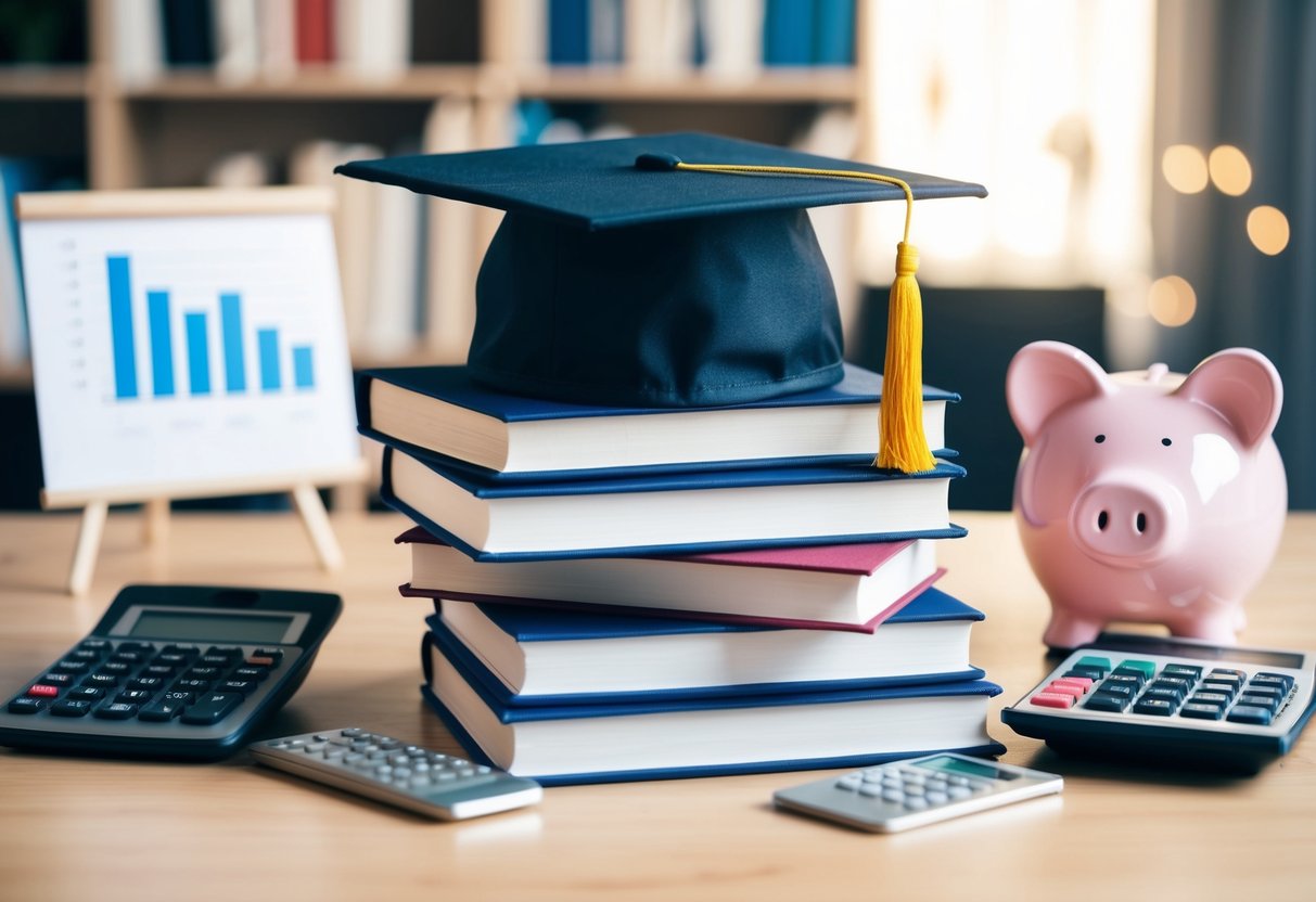 A stack of books with a graduation cap on top, surrounded by a piggy bank, calculator, and a chart showing financial growth