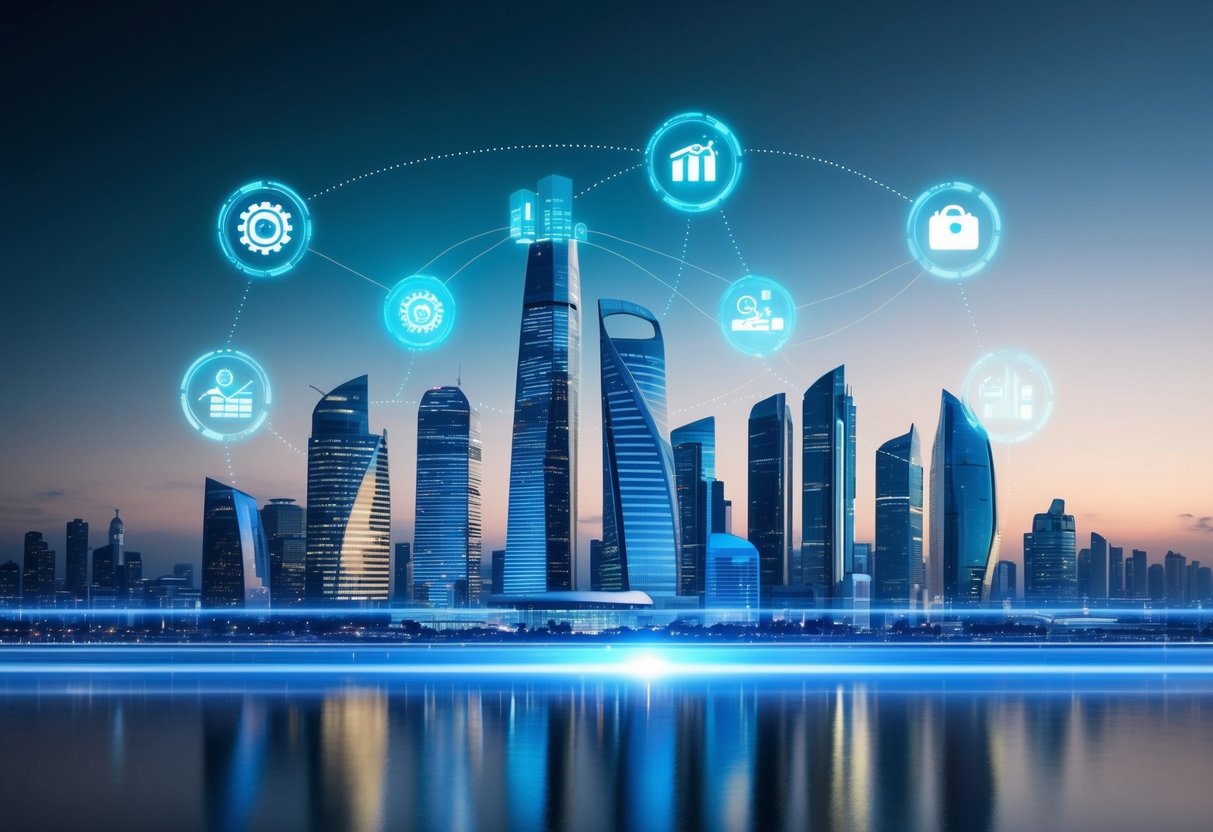 A futuristic city skyline with AI-powered financial tools integrated into buildings and infrastructure, showcasing efficiency and risk management