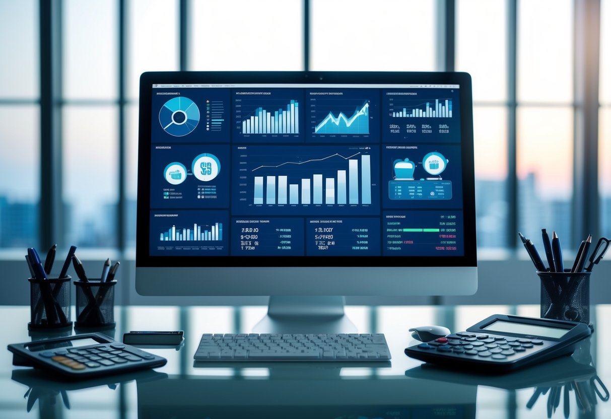 A sleek, modern office desk with a computer screen displaying financial charts and graphs, surrounded by AI-powered financial tools and calculators